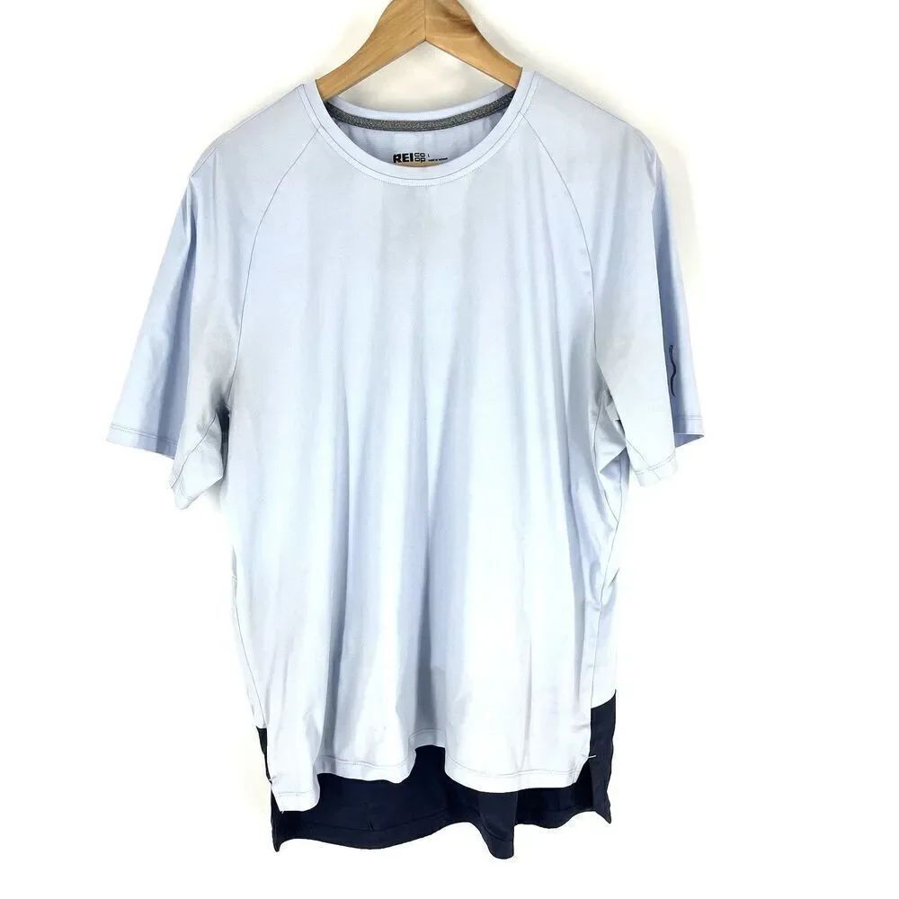 REI T Shirt Size Large Mens Blue Crew Neck Short Sleeve Zip Pockets Performance